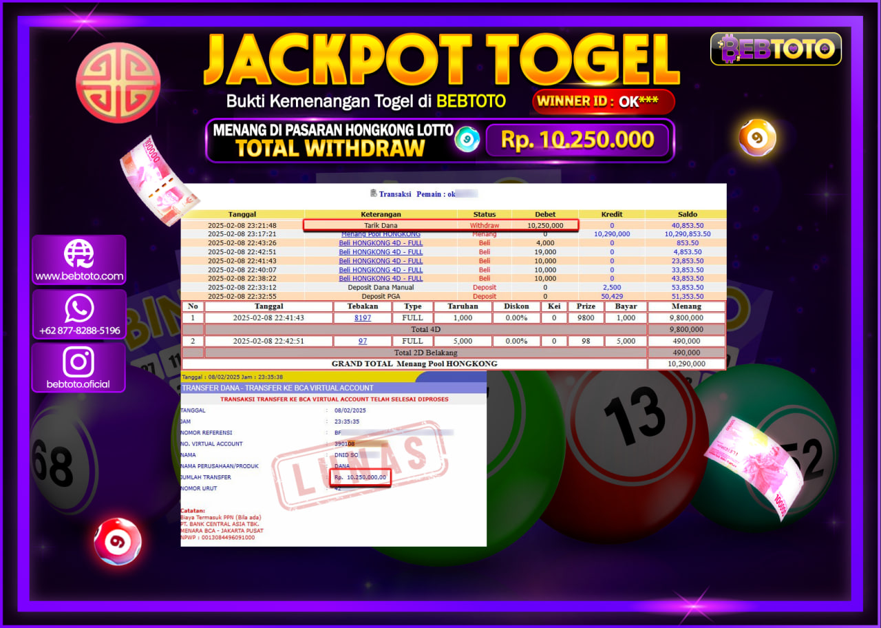 JACKPOT TOGEL BEBTOTO HONGKONG LOTTO Rp.10.250.000.,- LUNAS