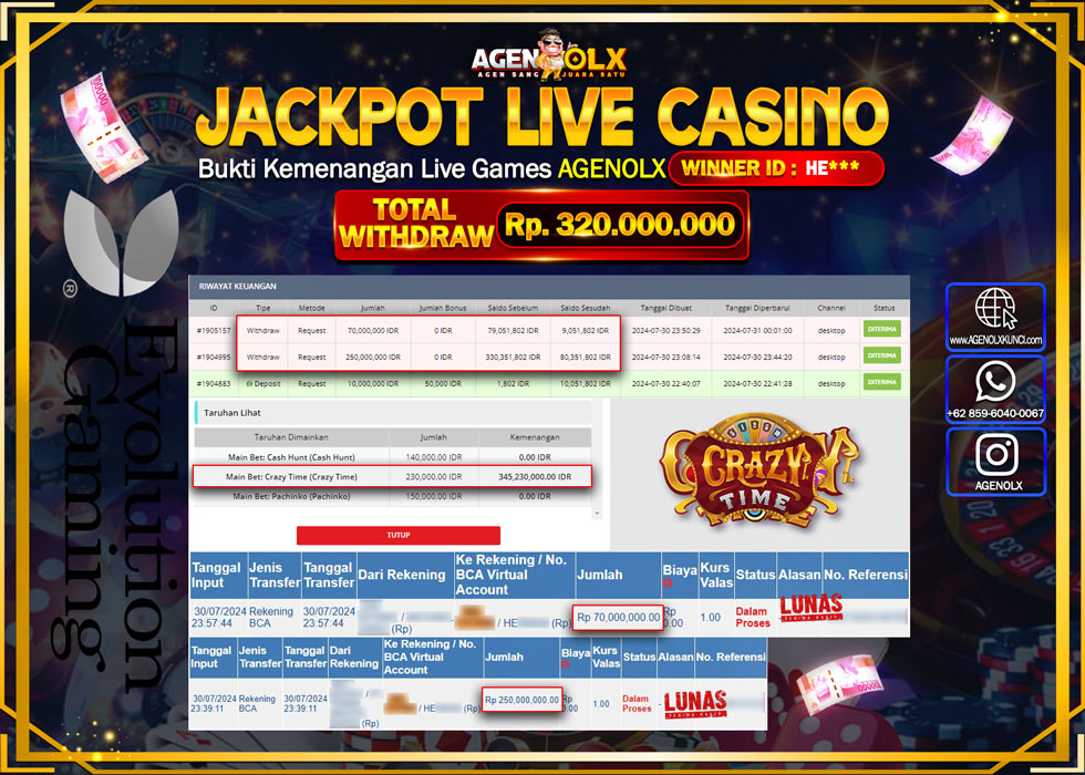 AGENOLX JACKPOT LIVE CASINO CRAZY TIME Rp.320.000.000,- LUNAS