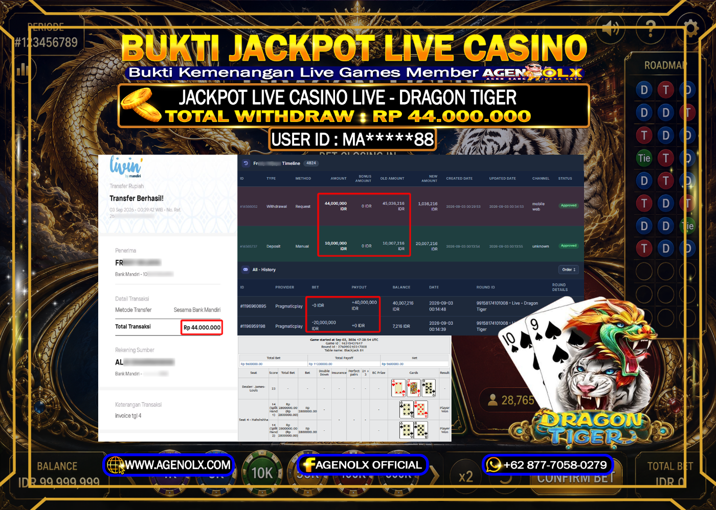 AGENOLX JACKPOT LIVE CASINO - DRAGON TIGER  RP 44.000.000 -LUNAS