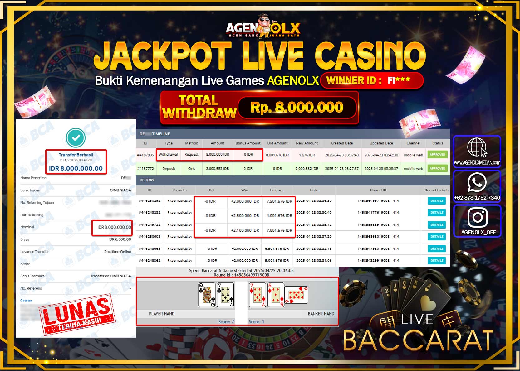 AGENOLX JACKPOT LIVE CASINO SPEED BACCARAT Rp 8.000.000,- LUNAS