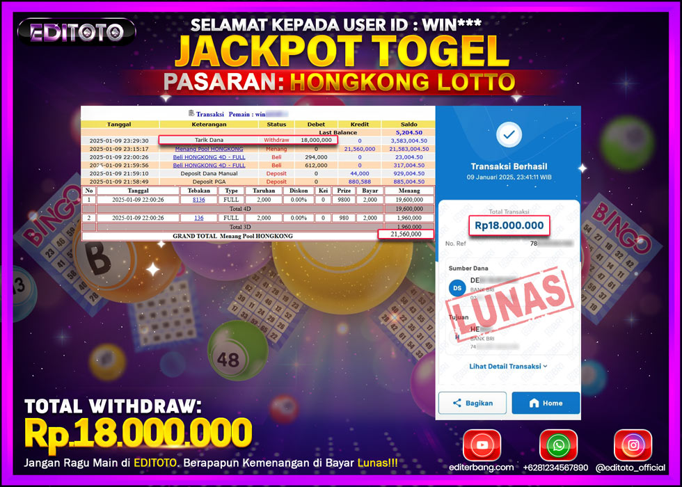 JACKPOT TOGEL PASARAN HONGKONG LOTTO Rp.18.000.000.,- LUNAS