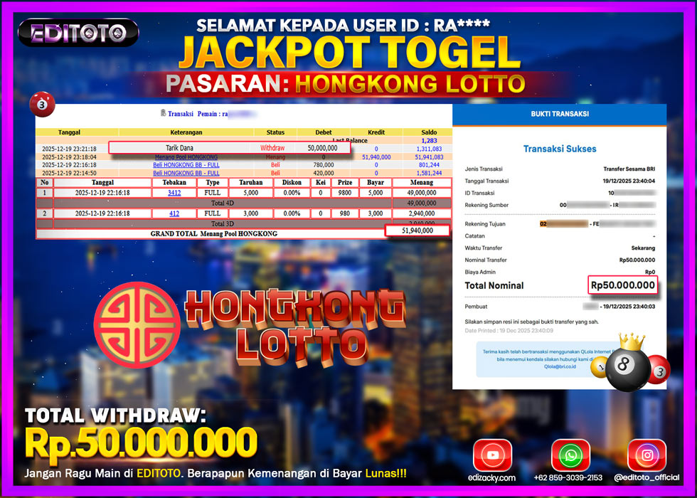 JACKPOT EDITOTO TOGEL PASARAN HONGKONG LOTTO Rp.50.000.000.,- LUNAS 