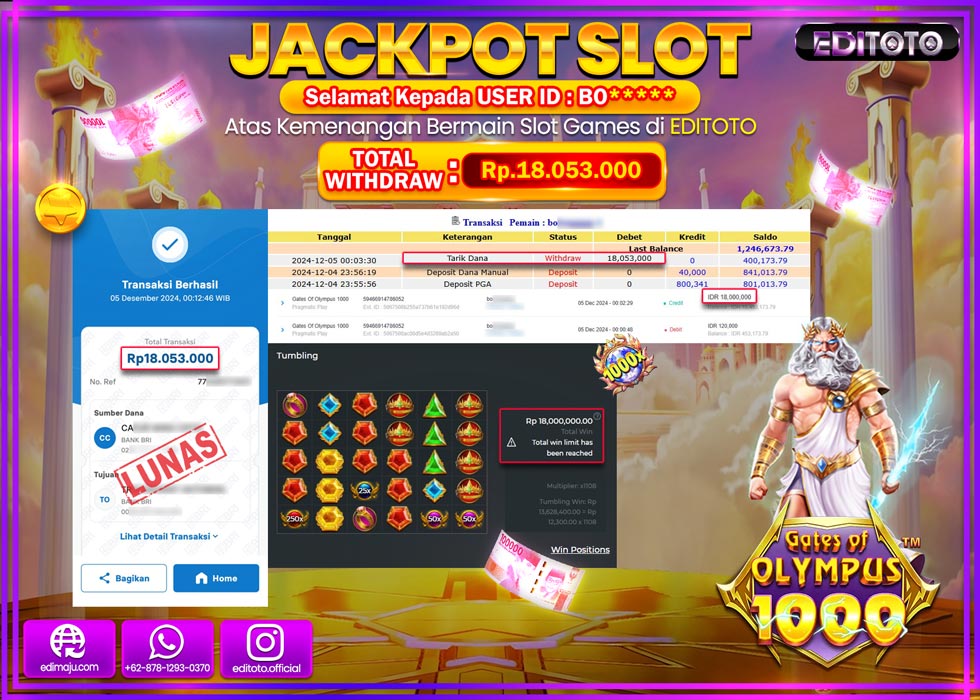 JACKPOT SLOT GATES OF OLYMPUS 1000 Rp.18.053.000.,- LUNAS