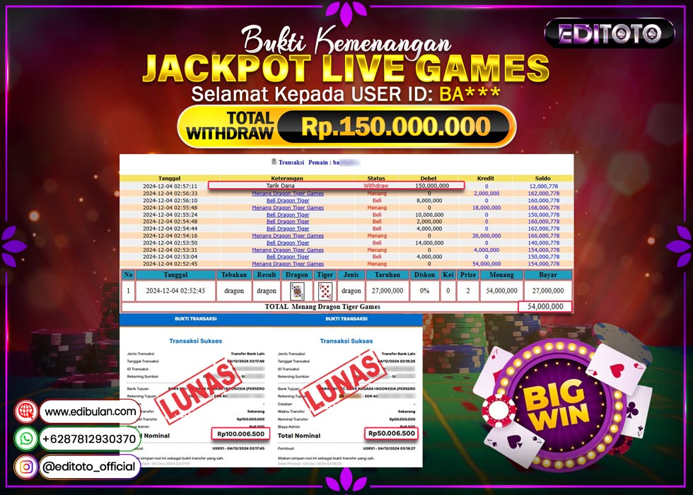 JACKPOT  LIVE GAMES DRAGON TIGER Rp.150.000.000.,- LUNAS