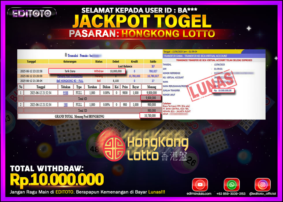 JACKPOT EDITOTO TOGEL PASARAN HONGKONG LOTTO Rp.10.000.000.,- LUNAS