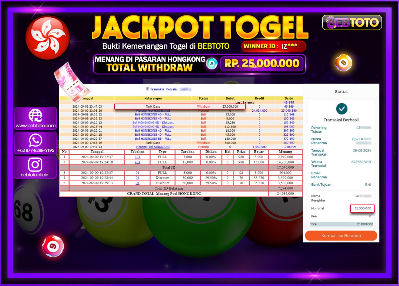JACKPOT TOGEL BEBTOTO HONGKONG POOLS Rp.25.000.000.,- LUNAS