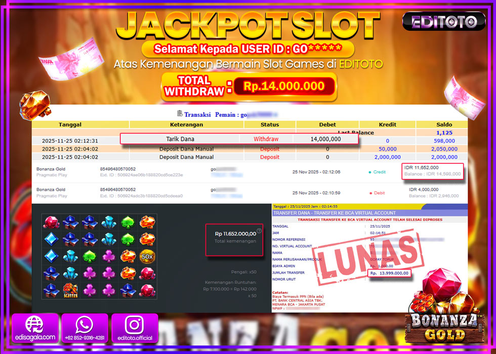 JACKPOT EDITOTO SLOT BONANZA GOLD  Rp.14.000.000,- LUNAS  