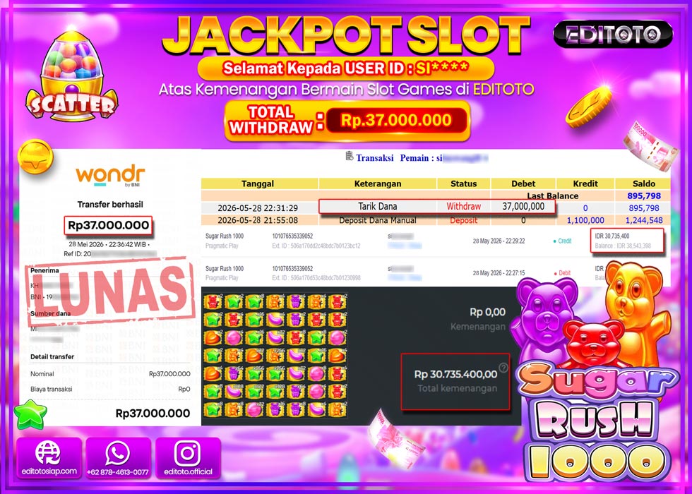 JACKPOT EDITOTO SLOT SUGAR RUSH 1000 Rp.37.000.000,- LUNAS