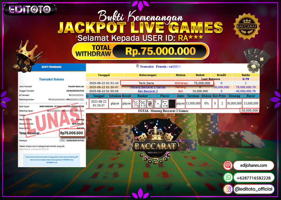 JACKPOT EDITOTO LIVE GAMES BACCARAT 2 Rp. 75.000.000.,- LUNAS