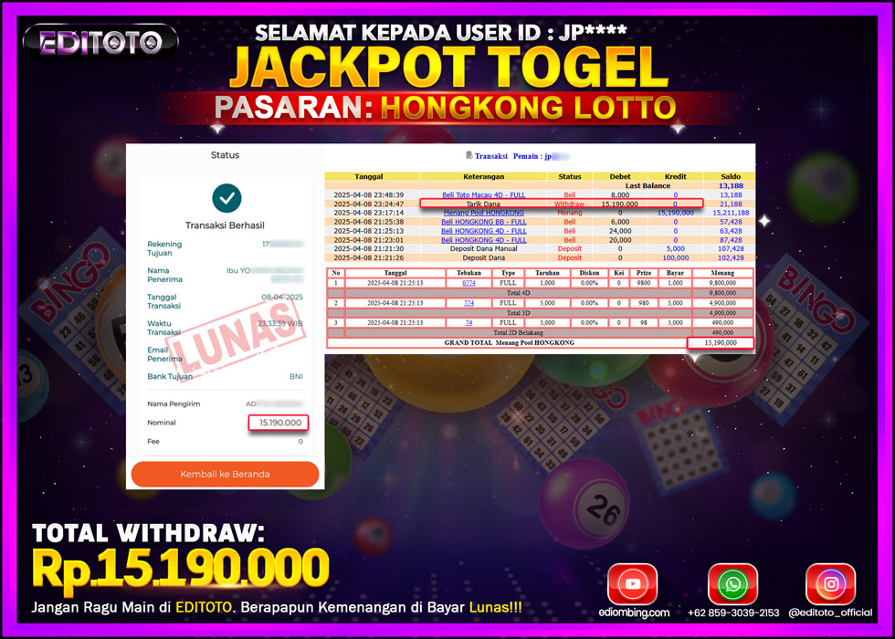 JACKPOT EDITOTO TOGEL PASARAN HONGKONG LOTTO Rp.15.190.000.,- LUNAS