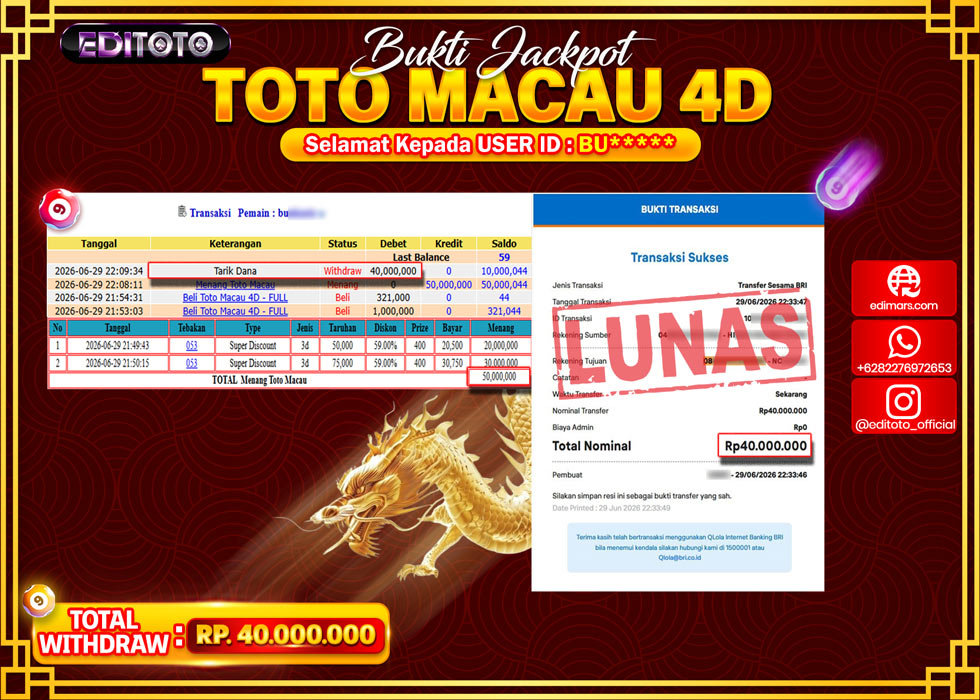 JACKPOT EDITOTO TOGEL PASARAN TOTO MACAU 4D Rp.40.000.000.,- LUNAS