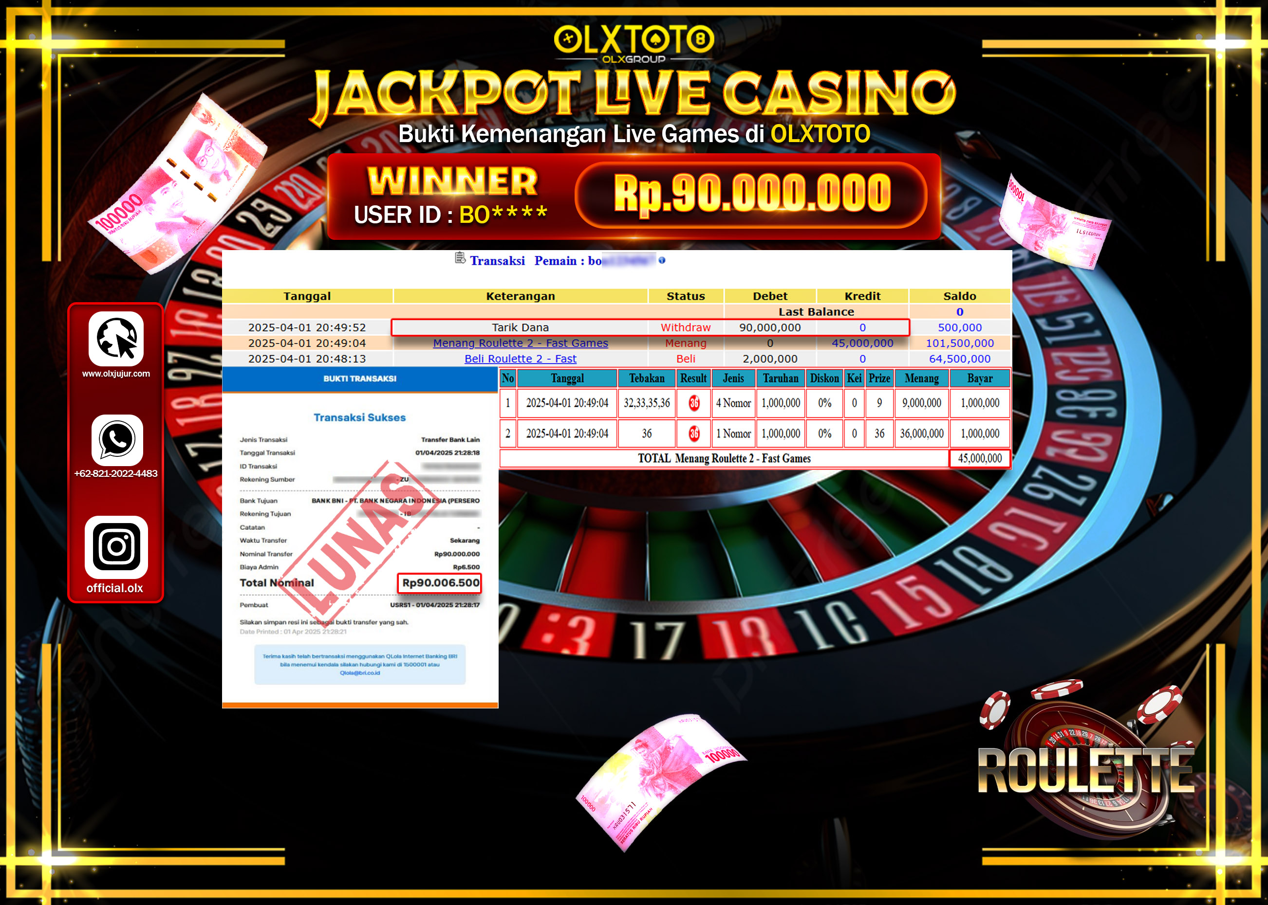 OLXTOTO JACKPOT  LIVE GAMES ROULETTE 2 Rp90.000.000.,- LUNAS
