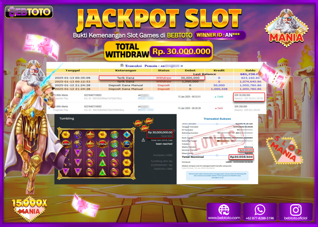 JACKPOT SLOT BEBTOTO 15.000x MANIA  Rp.30.000.000 - LUNAS
