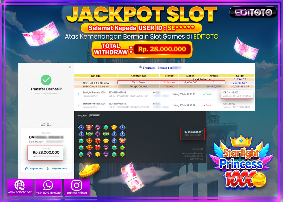 JACKPOT SLOT STARLIGHT PRINCESS 1000 Rp.28.000.000.,- LUNAS