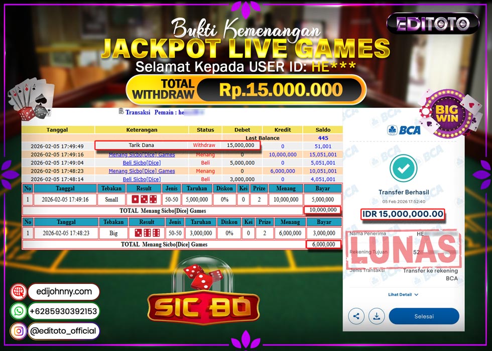 JACKPOT EDITOTO LIVE GAMES SICBO DICE Rp. 15.000.000.,- LUNAS