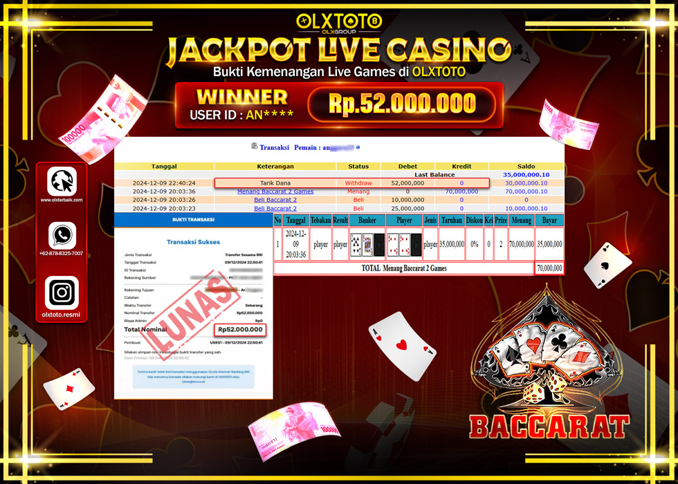 OLXTOTO JACKPOT  LIVE GAMES BACCARAT Rp.52.000.000.,- LUNAS