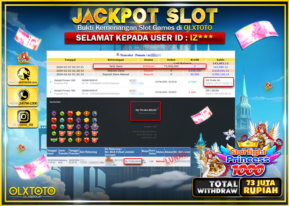 OLXTOTO JACKPOT SLOT STARLIGHT PRINCESS 1000 Rp.73.000.000.,- LUNAS