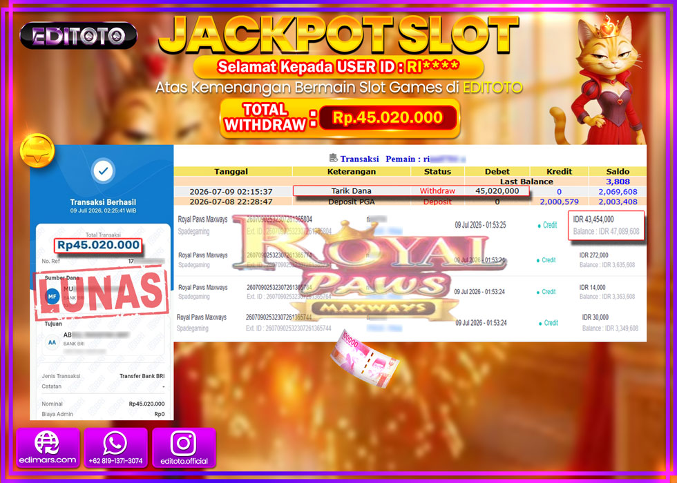 JACKPOT EDITOTO SLOT ROYAL PAWS MAXWAYS Rp.45.020.000,- LUNAS