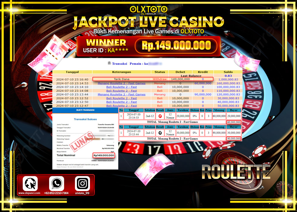 OLXTOTO JACKPOT  LIVE GAMES ROULETTE 2 Rp.149.000.000.,- LUNAS