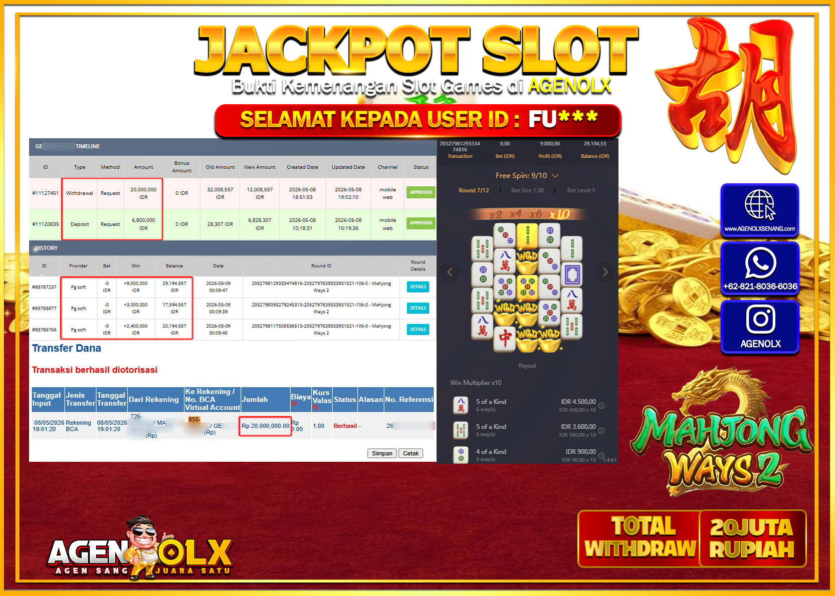AGENOLX JACKPOT SLOT MAHJONG WAYS 2 Rp 20.000.000 - LUNAS