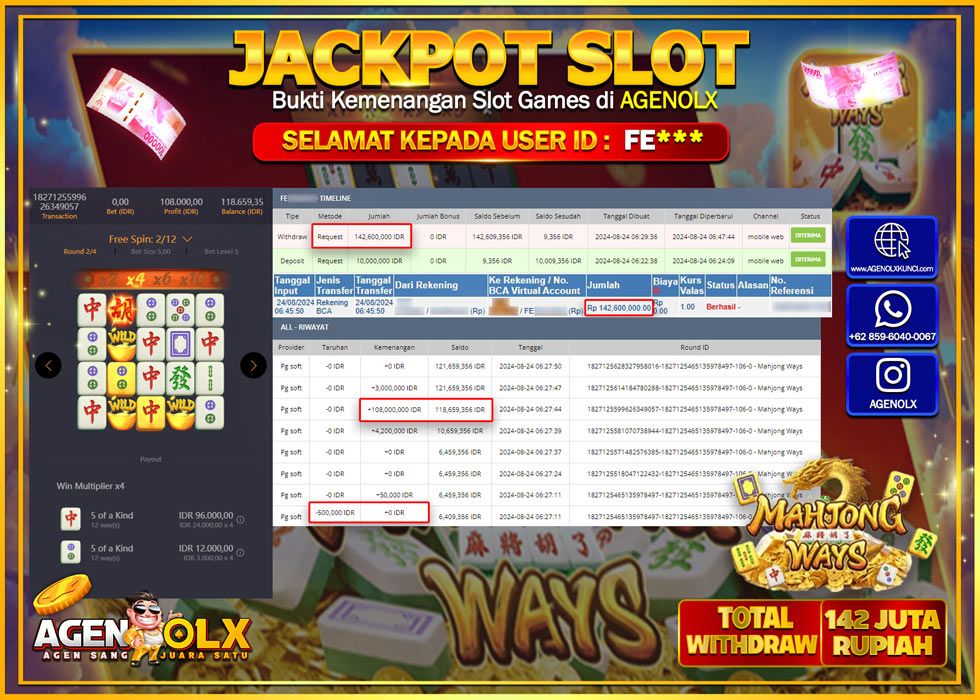 AGENOLX JACKPOT SLOT MAHJONG WAYS Rp.142.000.000,- LUNAS