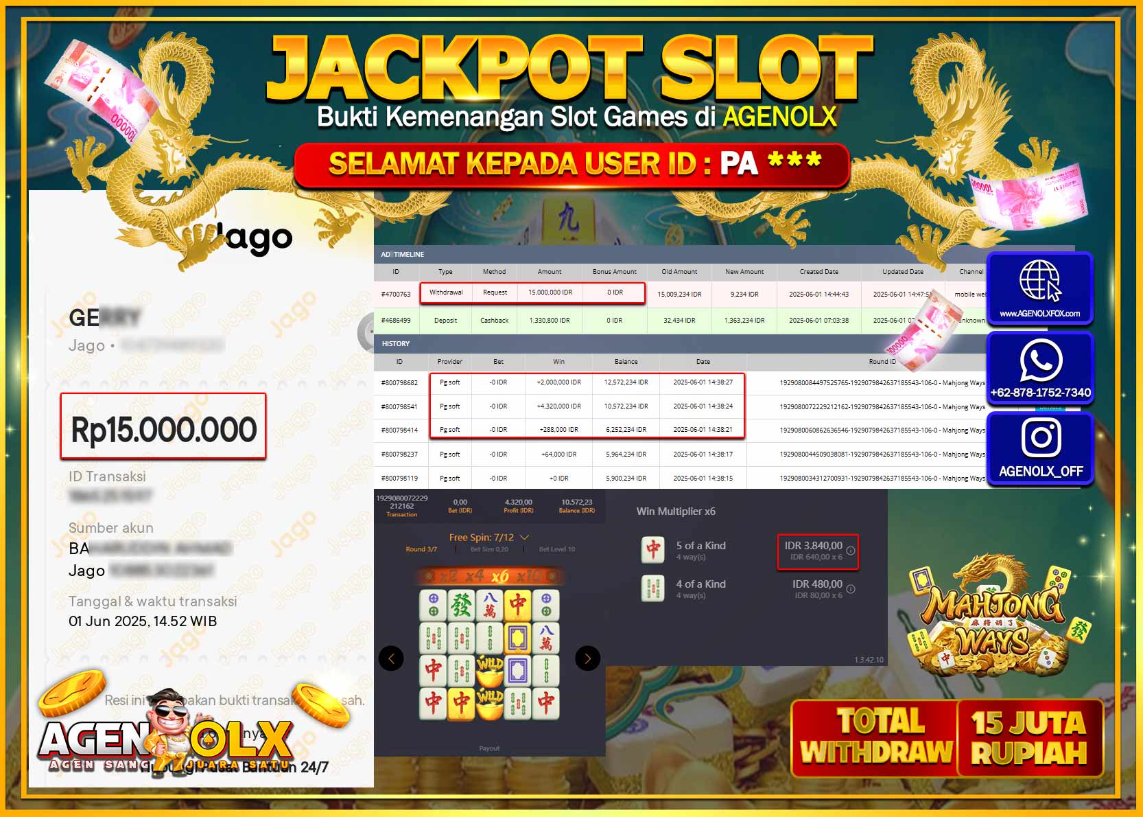 AGENOLX JACKPOT SLOT MAHJONG WAYS  Rp 15.000.000,- LUNAS