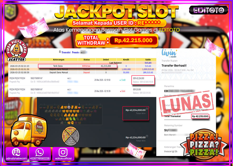 JACKPOT EDITOTO SLOT PIZZA!PIZZA?PIZZA! Rp.42.215.000,- LUNAS