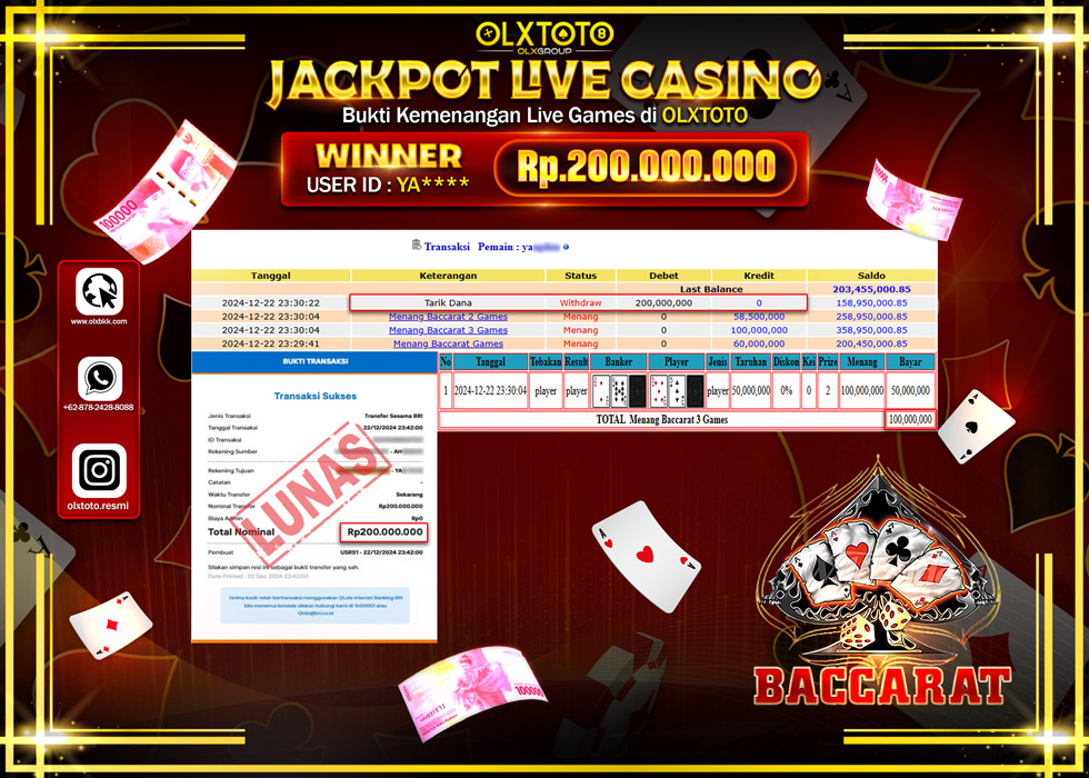 OLXTOTO JACKPOT  LIVE GAMES BACCARAT  Rp.200.000.000.,- LUNAS