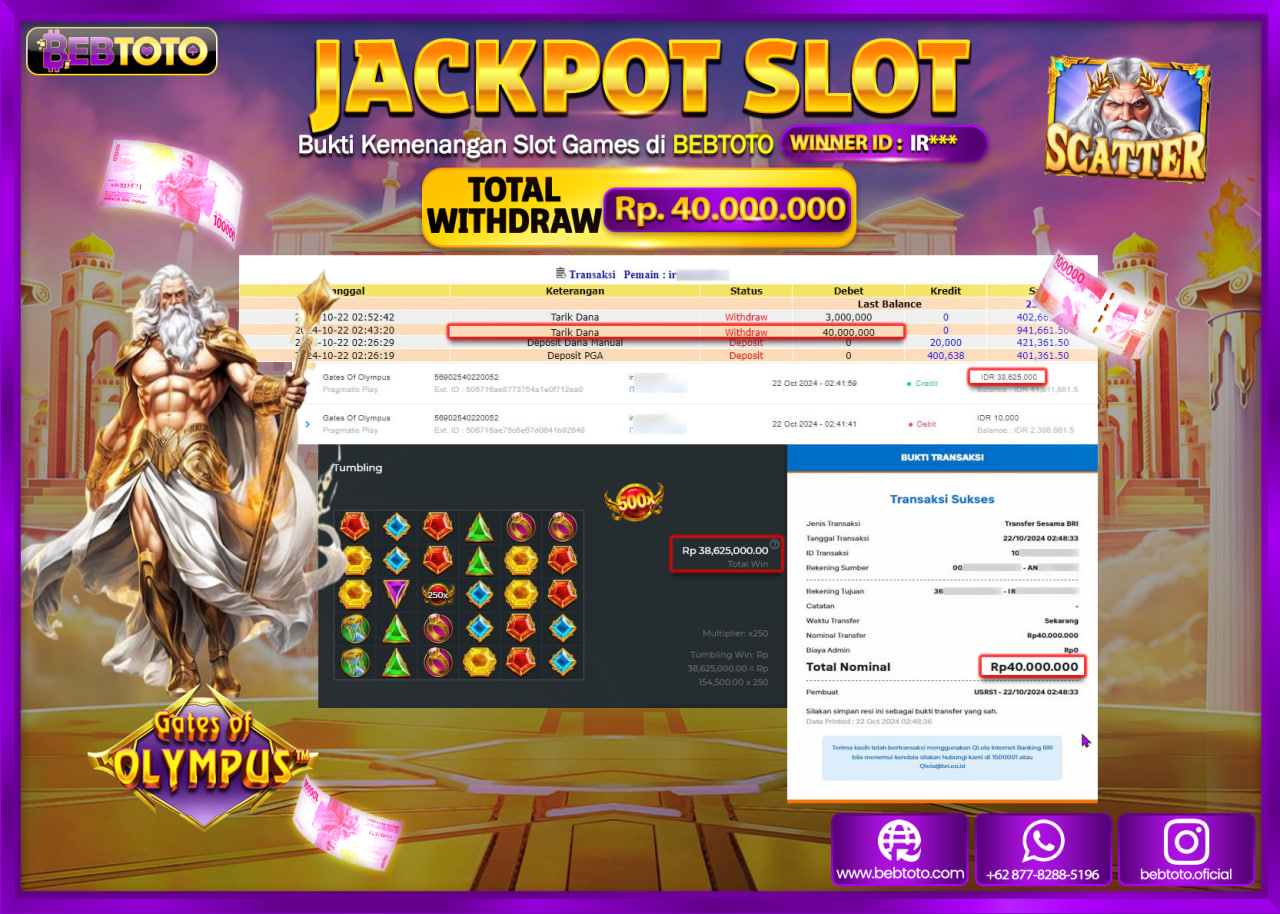 JACKPOT SLOT BEBTOTO GATES OF OLYMPUS Rp.40.000.000.,- LUNAS