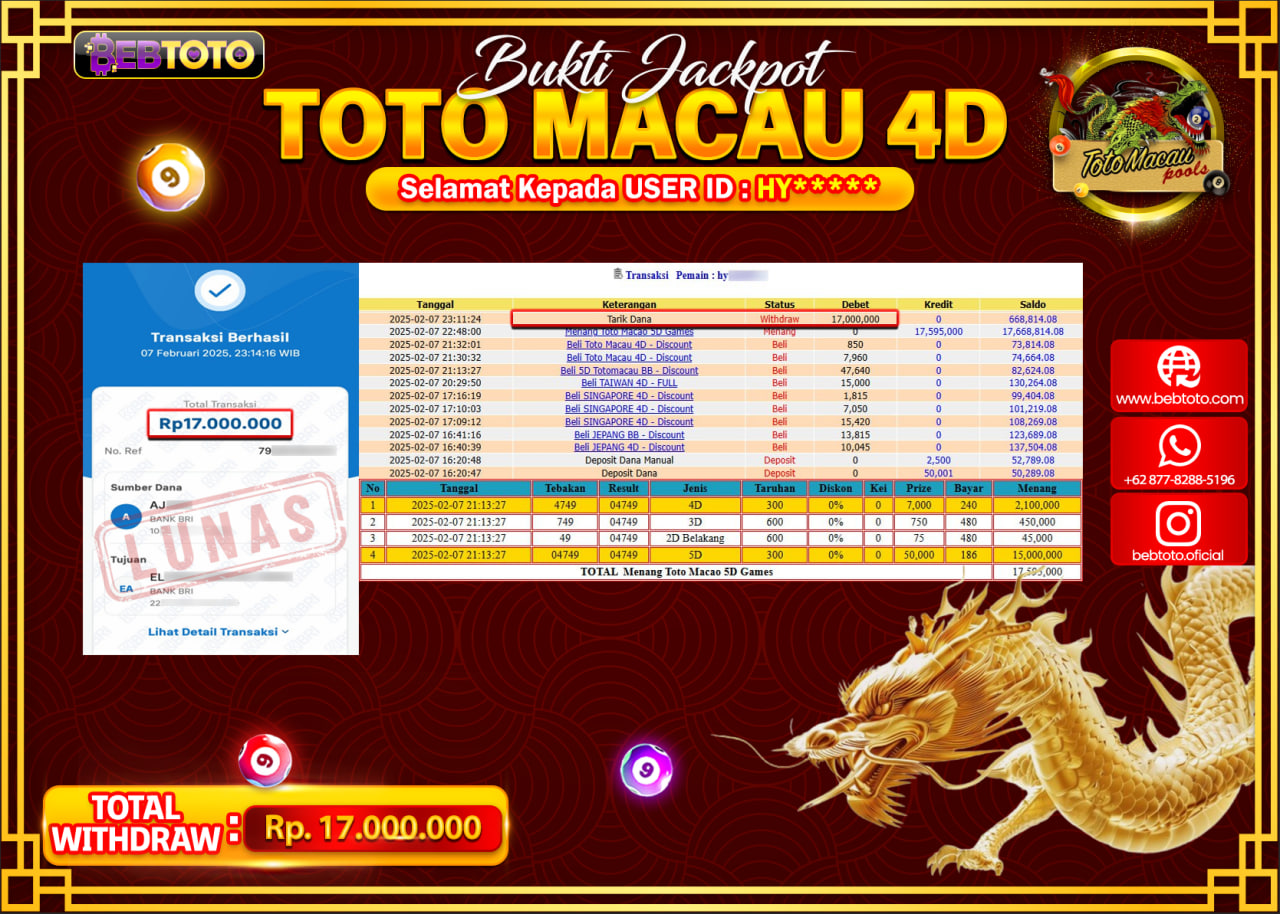 JACKPOT LIVE CASINO BEBTOTO TOTO MACAU 4D Rp.17.000.000.,- LUNAS