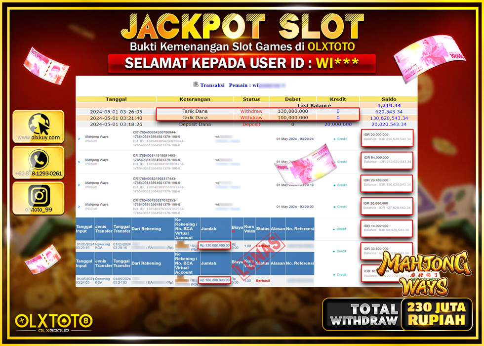 OLXTOTO JACKPOT SLOT MAHJONG WAYS  Rp.230.000.000.,- LUNAS