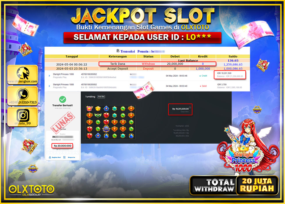 OLXTOTO JACKPOT SLOT STARLIGHT PRINCESS 1000 Rp.20.000.000.,- LUNAS