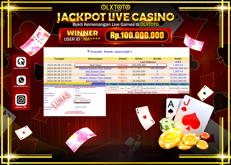 OLXTOTO JACKPOT  LIVE GAMES DRAGON TIGER Rp.100.000.000.,- LUNAS