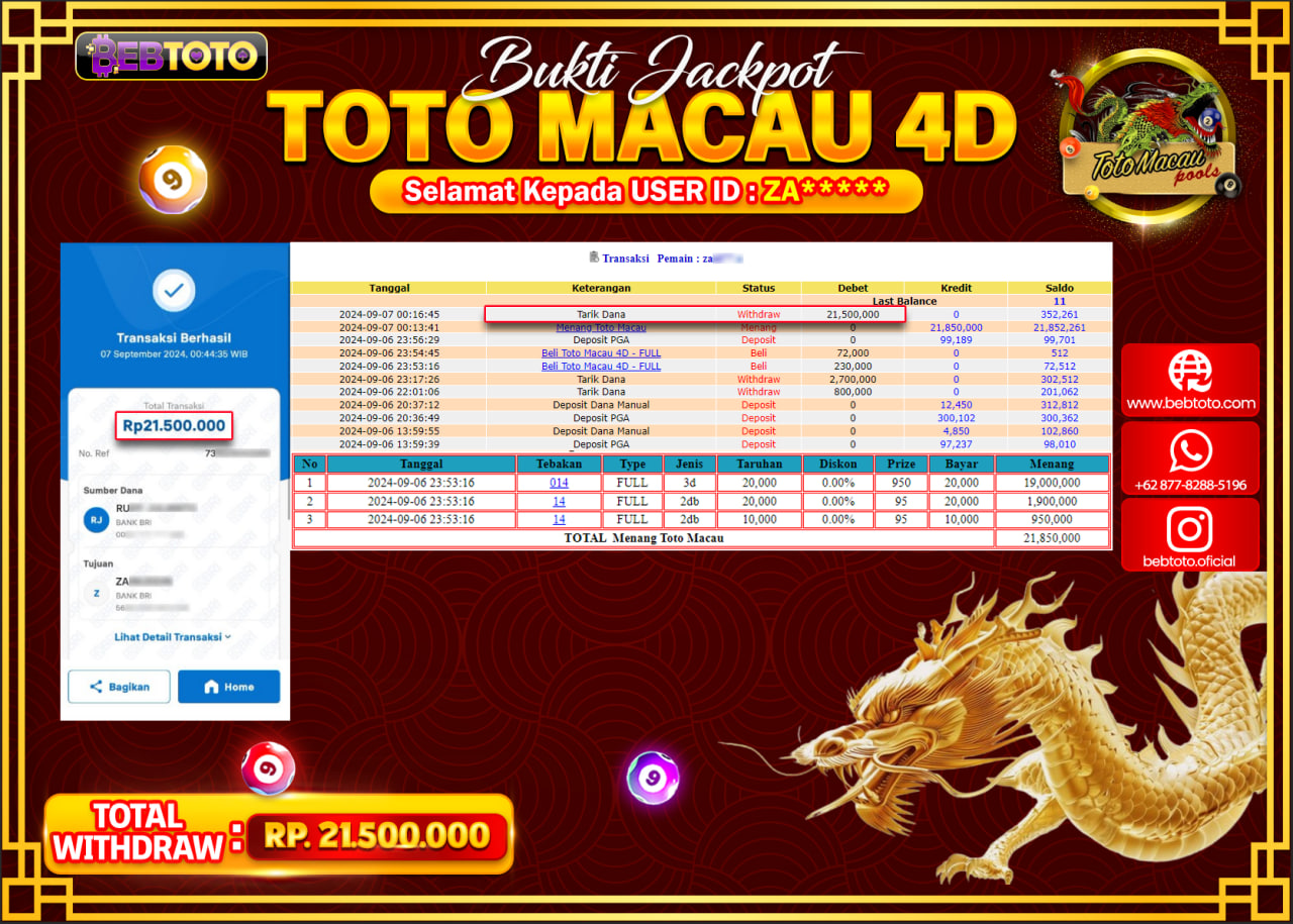JACKPOT TOGEL BEBTOTO TOTO MACAU POOLS Rp.21.500.000.,- LUNAS