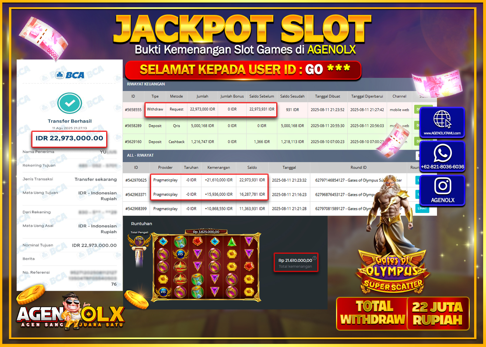 AGENOLX JACKPOT SLOT GATE OF OLYMPUS SUPER SCATTER  Rp 22.973.000,- LUNAS