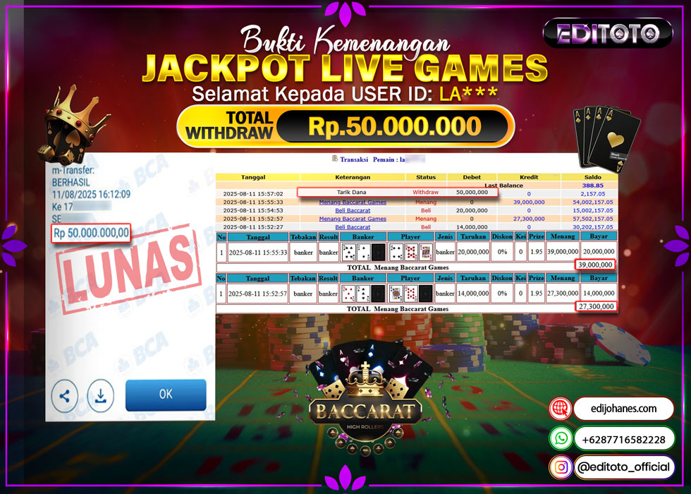 JACKPOT LIVE GAME EDITOTO BACCARAT Rp.50.000.000.,- LUNAS