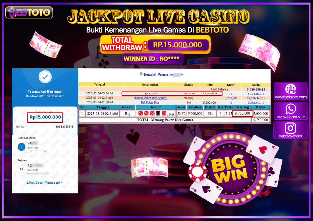 JACKPOT LIVE CASINO BEBTOTO POKER DICE Rp.15.000.000.,- LUNAS