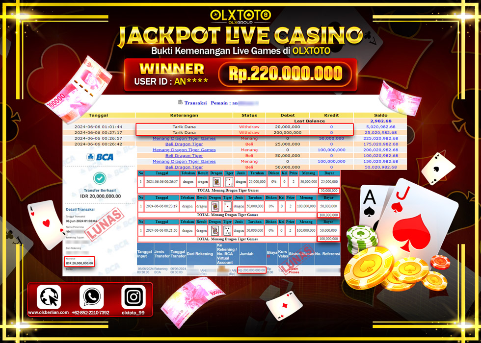 OLXTOTO JACKPOT LIVE GAMES DRAGON TIGER GAMES Rp.220.000.000.,- LUNAS