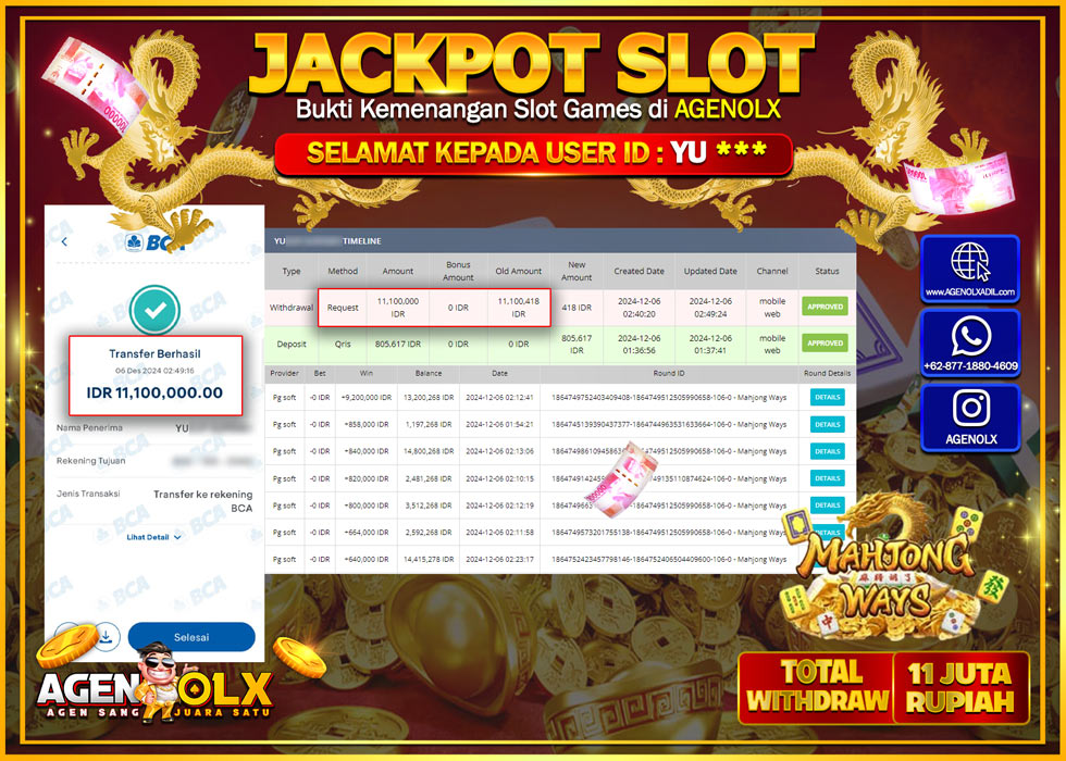 AGENOLX JACKPOT SLOT MAHJONG WAYS Rp 11.000.000,- LUNAS
