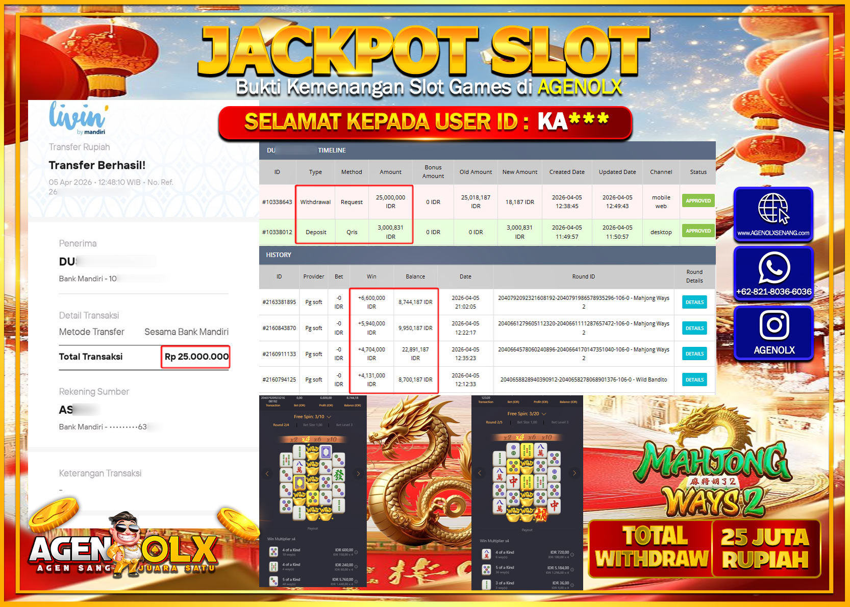 AGENOLX JACKPOT SLOT MAHJONG WAYS 2 Rp 25.000.000 - LUNAS