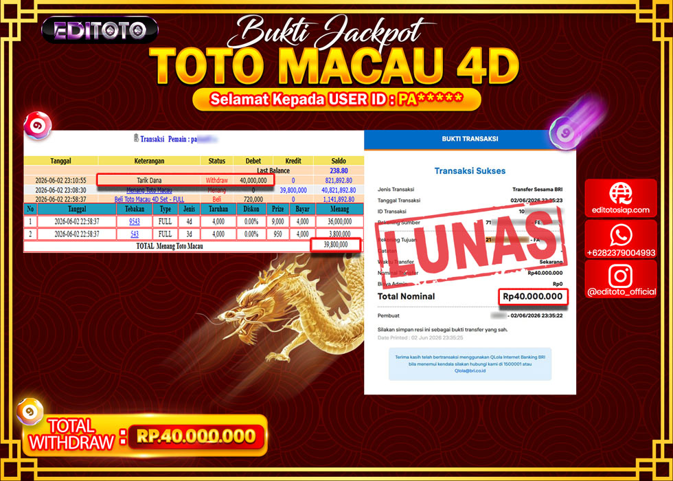 JACKPOT EDITOTO TOGEL PASARAN TOTO MACAU 4D Rp.40.000.000.,- LUNAS 