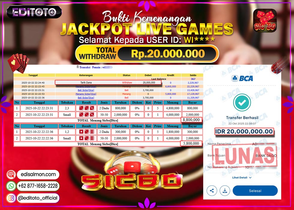 JACKPOT EDITOTO LIVE GAMES SICBO DICE Rp. 20.000.000.,- LUNAS