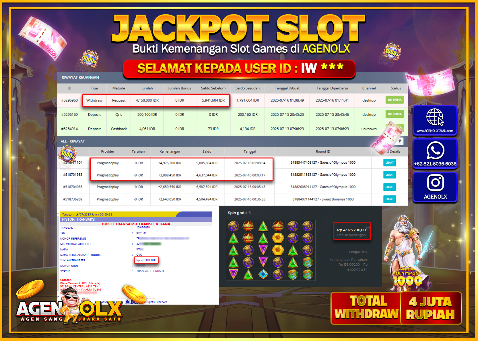 AGENOLX JACKPOT  SLOT GATES OF OLYMPUS 1000 Rp 4.150.000,- LUNAS