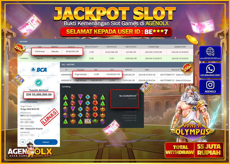 AGENOLX JACKPOT SLOT GATES OF OLYMPUS Rp.55.000.000,- LUNAS
