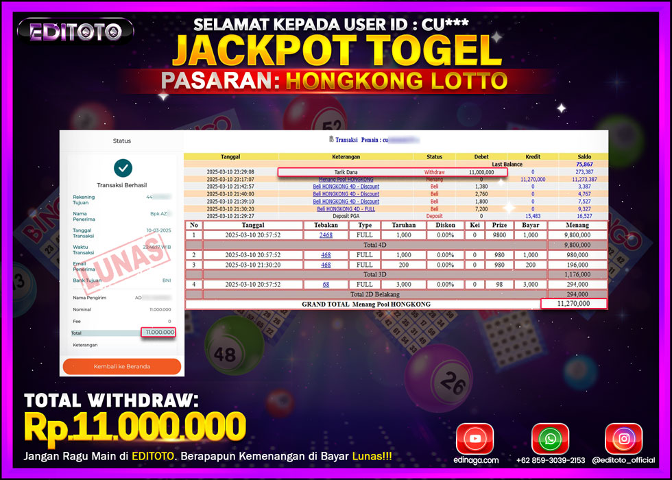 JACKPOT TOGEL PASARAN HONGKONG LOTTO Rp.11.000.000.,- LUNAS