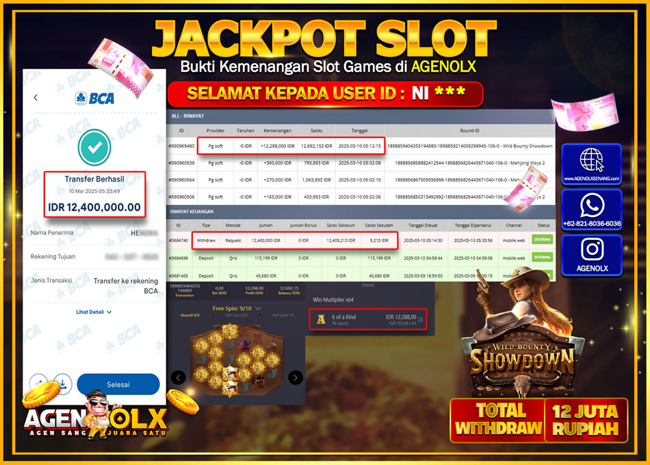 AGENOLX JACKPOT  SLOT WILD BOUNTY SHOWDOWN Rp 12.400.000,- LUNAS
