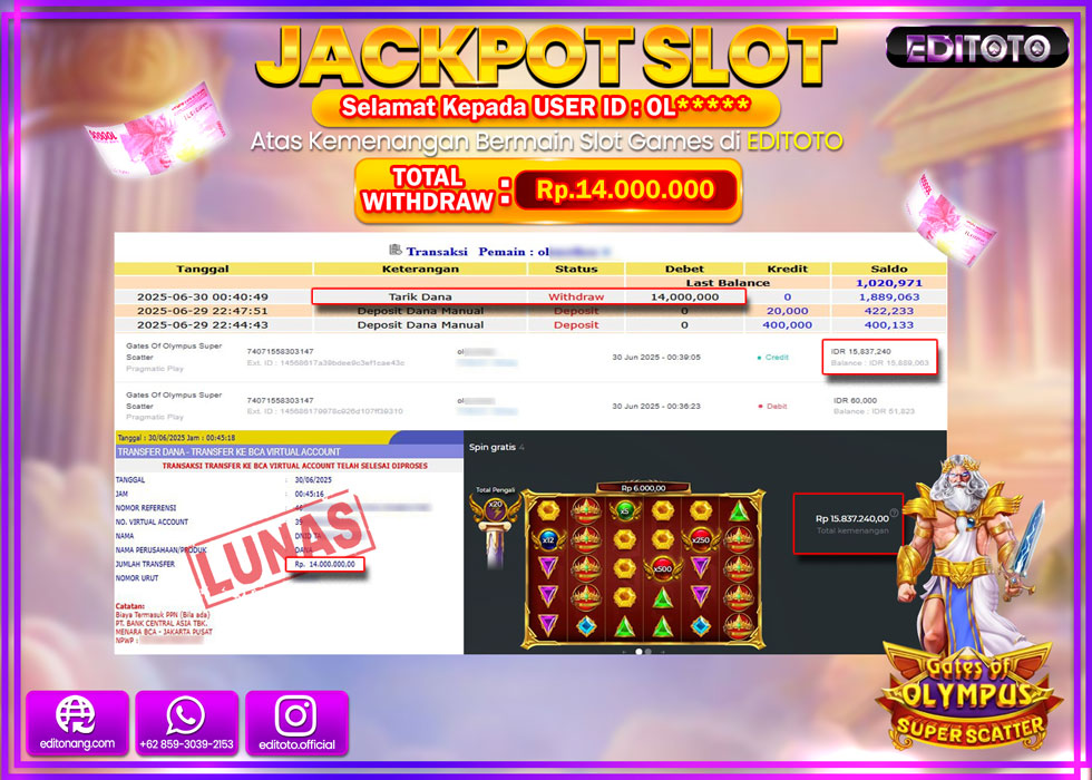 JACKPOT EDITOTO SLOT GATES OF OLYMPUS SUPER SCATTER Rp.14.000.000,- LUNAS 