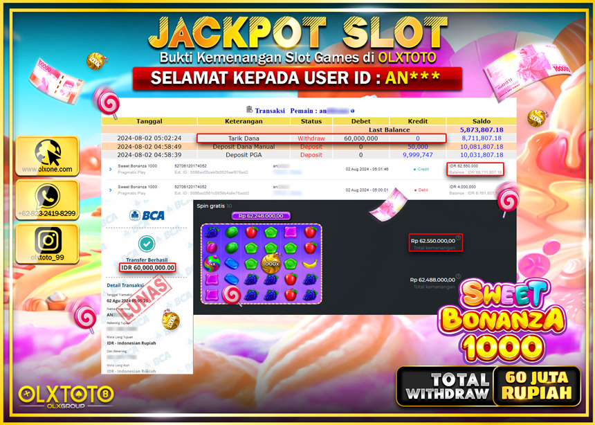 OLXTOTO JACKPOT  SLOT SWEET BONAZA 1000  Rp.60.000.000.,- LUNAS