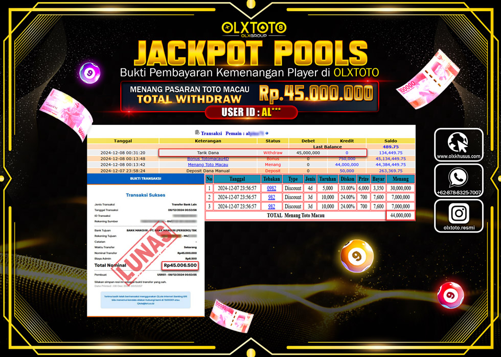 OLXTOTO JACKPOT  TOGEL POOL TOTO MACAU Rp.45.000.000.,- LUNAS