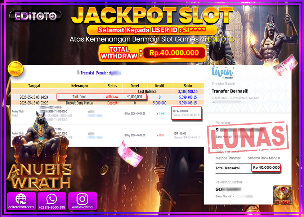 JACKPOT EDITOTO SLOT ANUBIS WRATH  Rp.40.000.000,- LUNAS